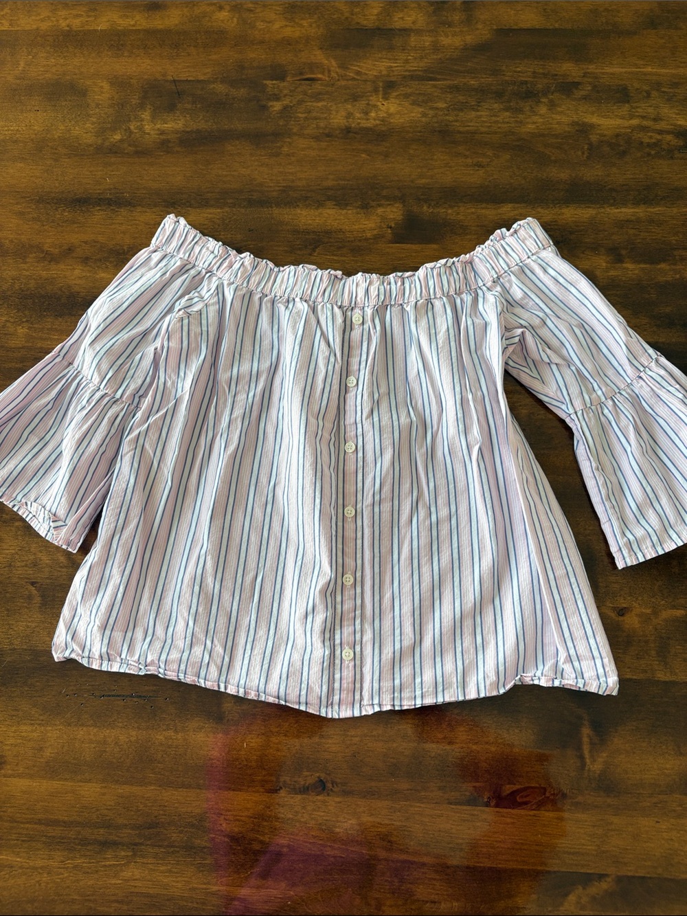 Abercrombie & Fitch Pink and Blue Striped Off-Shoulder Button Front Top